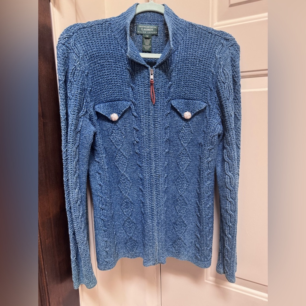 Hand knit Ralph Lauren Cable Zip-Up Sweater 100% cotton